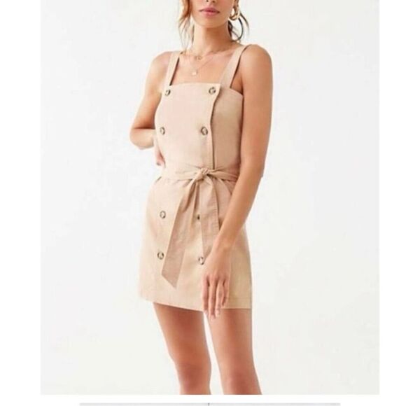 Forevef 21 khaki Denim Pinafore Mini Dress Belted size S - Picture 1 of 5